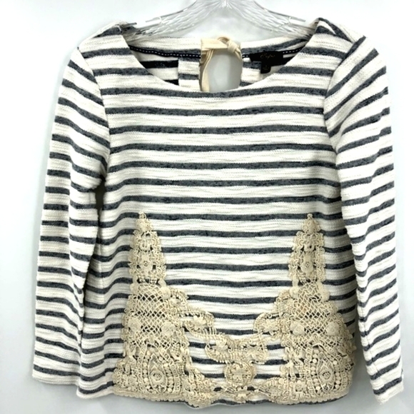 Cupio Women’s Blue White Striped Top W/ Crochet RN# 73163 Long Sleeve Lace - Picture 2 of 9